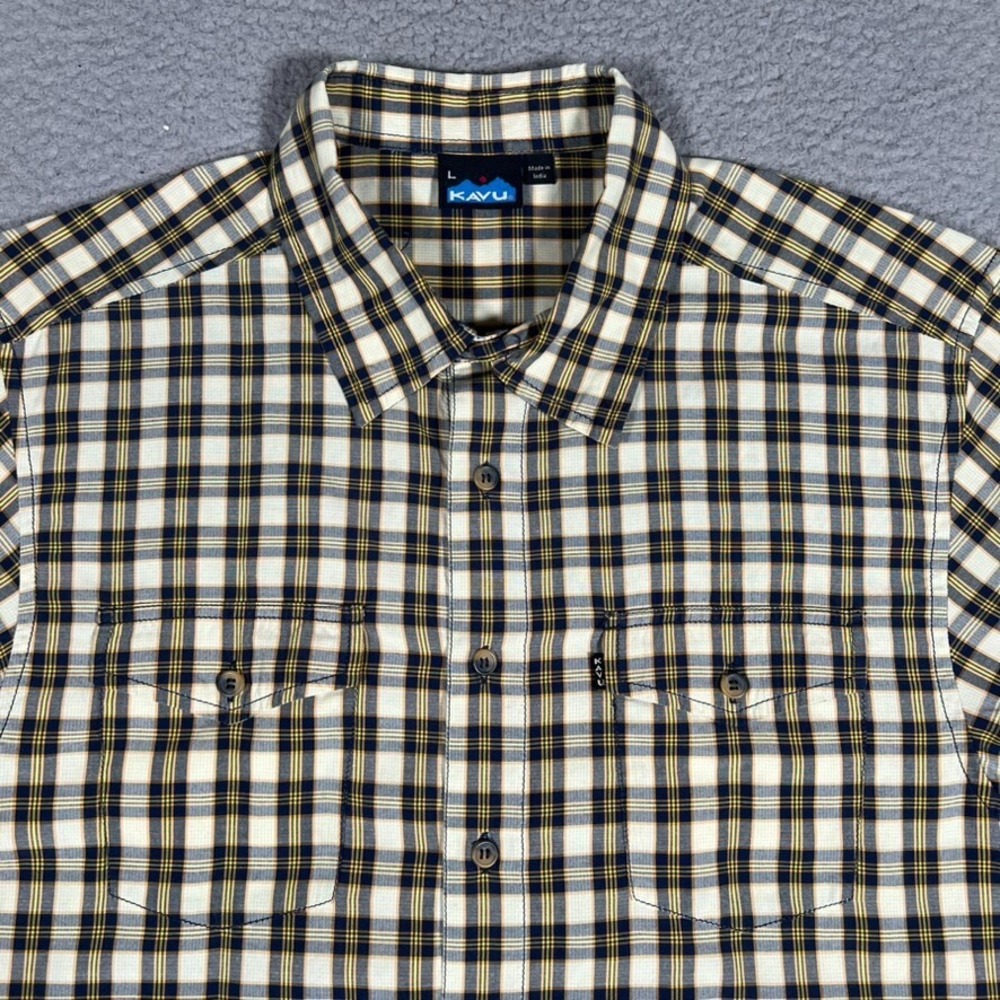 Kavu Shirt Mens Large Brown Plaid Cotton Blend Outdoor Hiking Casual Preppu Logo